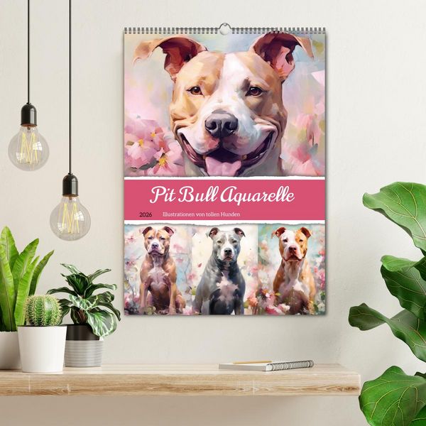 Produktbild: Pit Bull Aquarelle. Illustrationen von tollen Hunden (Wandkalender 2026 DIN A2 hoch), CALVENDO Monatskalender