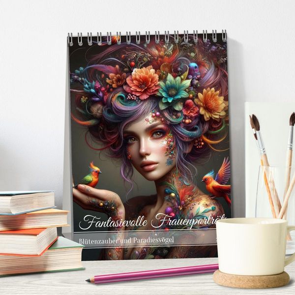 Produktbild: Fantasievolle Frauenportr&auml;ts - Bl&uuml;tenzauber und Paradiesv&ouml;gel (Tischkalender 2026 DIN A5 hoch), CALVENDO Monatskalender