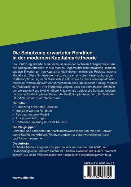 Produktbild: Die Sch&auml;tzung erwarteter Renditen in der modernen Kapitalmarkttheorie