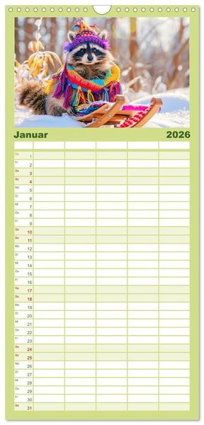 Produktbild: Familienplaner 2026 - Niedlicher Waschb&auml;ren-Style. Modisch, elegant und blumig mit 5 Spalten (Wandkalender, 21 x 45 cm) CALVENDO