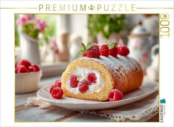 CALVENDO Puzzle Eine Biskuitrolle mit frischen Himbeeren und cremiger Sahne auf einem Teller | 1000 Teile Lege-Größe 64x48cm Foto-Puzzle für glücklich