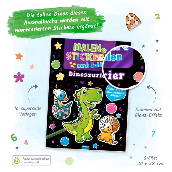 Produktbild: Tr&ouml;tsch Besch&auml;ftigungsbuch Malbuch Malen und Stickern nach Zahlen Dinosaurier