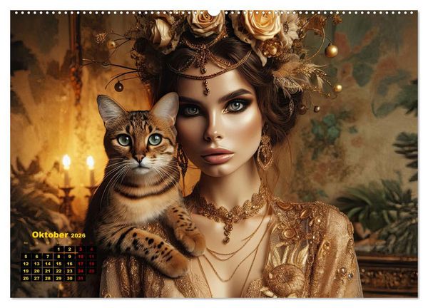 Produktbild: Luxuri&ouml;ser Bohemian Flair - Elegante Frauen mit anmutigen Katzen (hochwertiger Premium Wandkalender 2026 DIN A2 quer), Kunstdruck in Hochglanz
