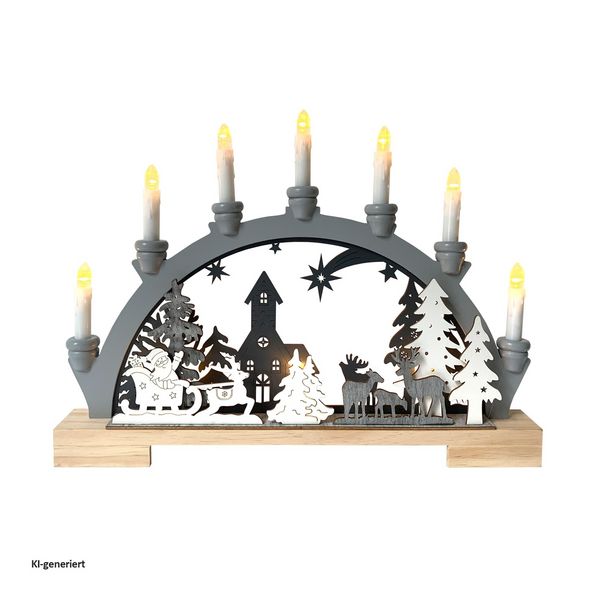 Produktbild: HTI-Living Moderner Schwibbogen LED Holz Grau mit Weihnachtsmotiv und 7 LED Kerzen