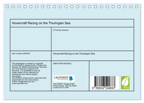 Produktbild: Hovercraft Racing on the Thuringian Sea (Desk Calendar 2026 DIN A5 landscape), CALVENDO 12 Month DeskCalendar