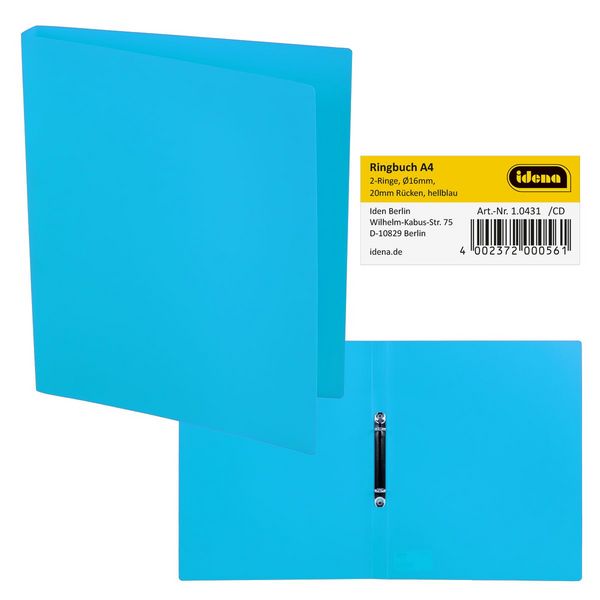Idena Ringbuch aus Kunststoff 2 Ringe hellblau DIN A4 Rückenbreite 2cm