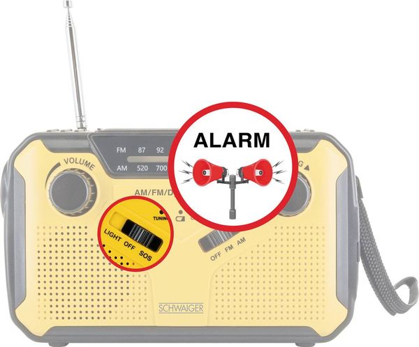 Produktbild: Schwaiger Outdoorradio UKW, AM, FM Handkurbel, Solarpanel, spritzwassergesch&uuml;tzt, sto&szlig;fest, Taschenlampe Gelb, Schwarz