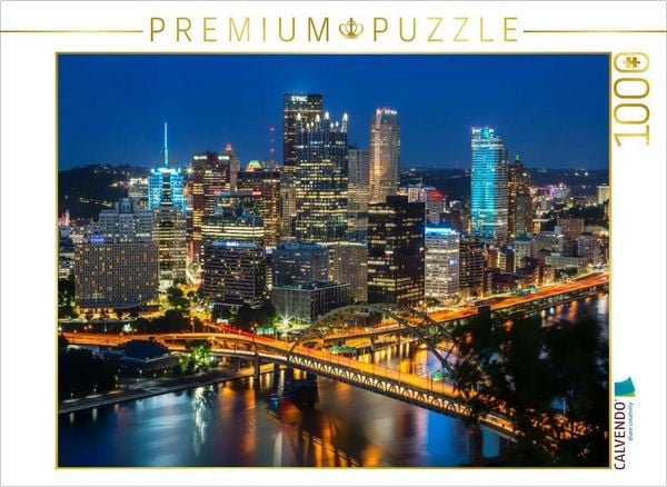 CALVENDO Puzzle Traumhafte Skyline von Pittsburgh am Abend | 1000 Teile Lege-Größe 64x48cm Foto-Puzzle für glückliche Stunden
