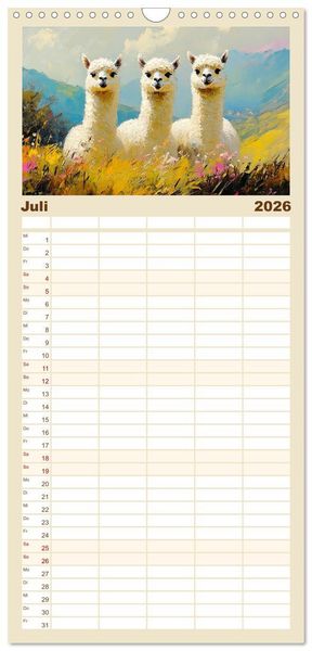 Produktbild: Familienplaner 2026 - Alpakas. Entz&uuml;ckende Paintings in duftigen Farben mit 5 Spalten (Wandkalender, 21 x 45 cm) CALVENDO