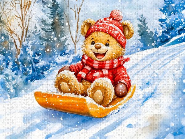 Produktbild: CALVENDO Puzzle Teddy rodelt mit Schlitten im Winter | 2000 Teile Lege-Gr&ouml;&szlig;e 90x67cm Foto-Puzzle f&uuml;r gl&uuml;ckliche Stunden