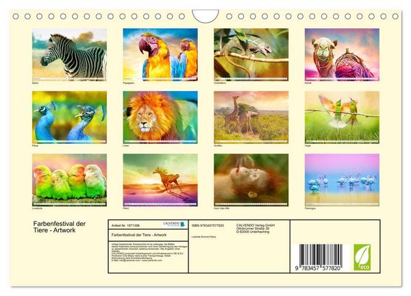 Produktbild: Farbenfestival der Tiere - Artwork (Wandkalender 2026 DIN A4 quer), CALVENDO Monatskalender