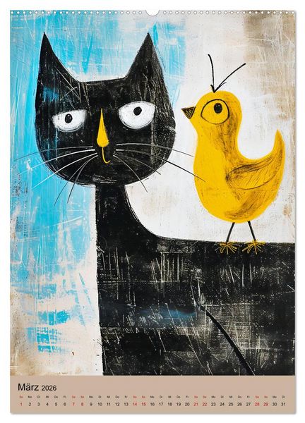 Produktbild: Lustige Katzen-Karikaturen - Minimalistischer Spa&szlig; mit Maus, Vogel und Co (Wandkalender 2026 DIN A2 hoch), CALVENDO Monatskalender