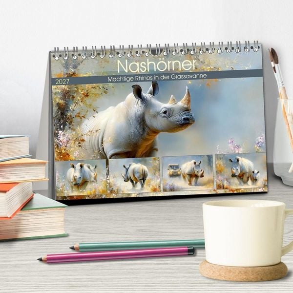 Produktbild: Nash&ouml;rner. M&auml;chtige Rhinos in der Grassavanne (Tischkalender 2027 DIN A5 quer), CALVENDO Monatskalender