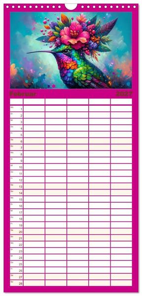 Produktbild: Familienplaner 2027 - Blumige Vogelportr&auml;ts mit 5 Spalten (Wandkalender, 21 x 45 cm) CALVENDO