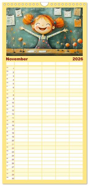 Produktbild: Familienplaner 2026 - Fr&ouml;hliche Kinder. Bezaubernde Schulm&auml;dchen im &Ouml;lbilder-Stil mit 5 Spalten (Wandkalender, 21 x 45 cm) CALVENDO