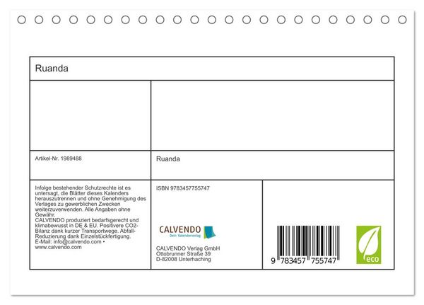 Produktbild: Ruanda (Tischkalender 2026 DIN A5 quer), CALVENDO Monatskalender
