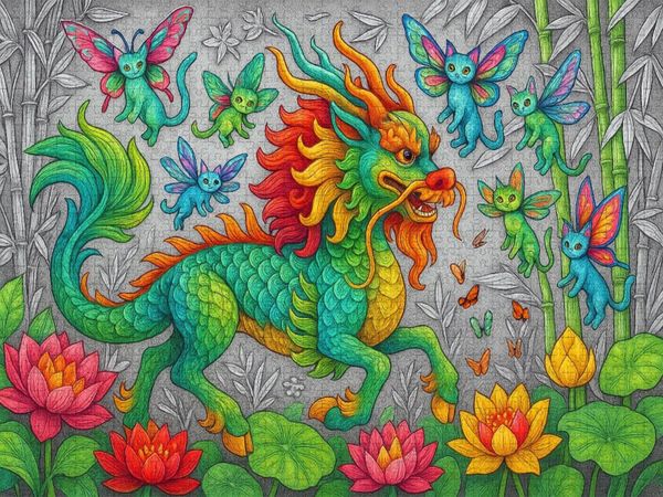 Produktbild: CALVENDO Puzzle Chinesischer Qilin und Libellenkatzen | 1000 Teile Lege-Gr&ouml;&szlig;e 64x48cm Foto-Puzzle f&uuml;r gl&uuml;ckliche Stunden