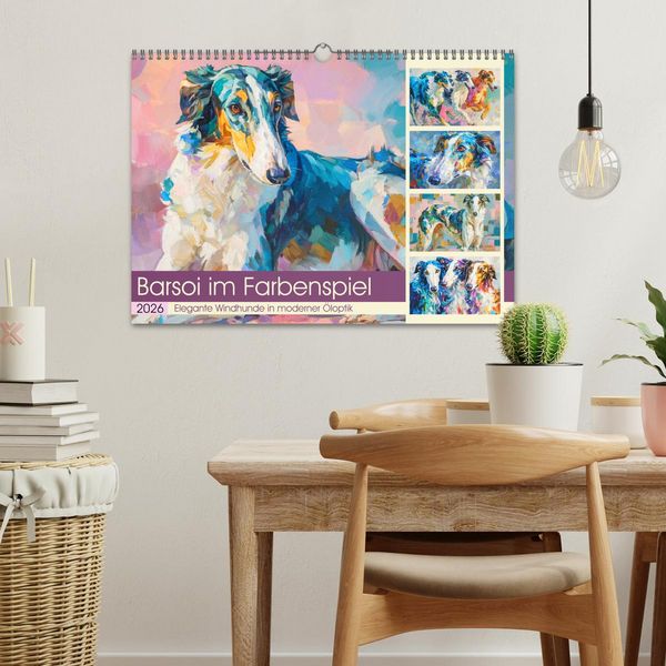 Produktbild: Barsoi im Farbenspiel. Elegante Windhunde in moderner &Ouml;loptik (Wandkalender 2026 DIN A3 quer), CALVENDO Monatskalender