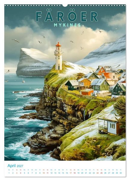 Produktbild: F&auml;r&ouml;er Inseln - Old School Poster Style (hochwertiger Premium Wandkalender 2027 DIN A2 hoch), Kunstdruck in Hochglanz
