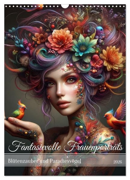 Fantasievolle Frauenporträts - Blütenzauber und Paradiesvögel (Wandkalender 2026 DIN A3 hoch), CALVENDO Monatskalender