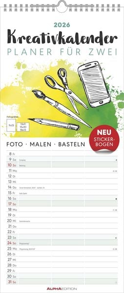 Produktbild: Kreativ-Kalender Planer für 2 2026 - 3 Spalten - 19,5x45 cm - Foto, Malen, Basteln - datiert - Kreativkalender - Foto-Kalender - Alpha Edition