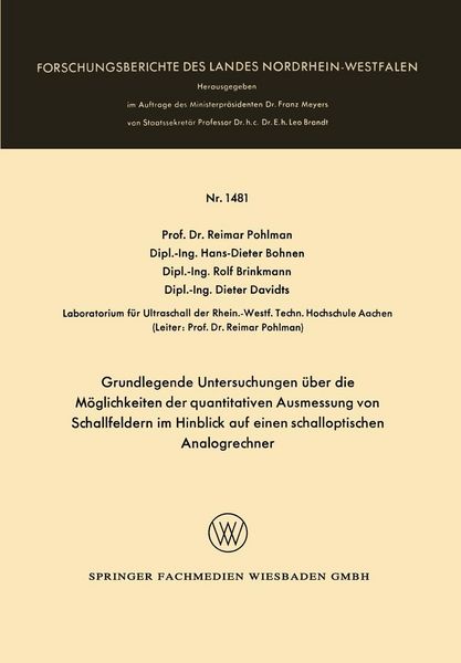 Produktbild: Grundlegende Untersuchungen &uuml;ber die M&ouml;glichkeiten der quantitativen Ausmessung von Schallfeldern im Hinblick auf einen schalloptischen Analogrechner