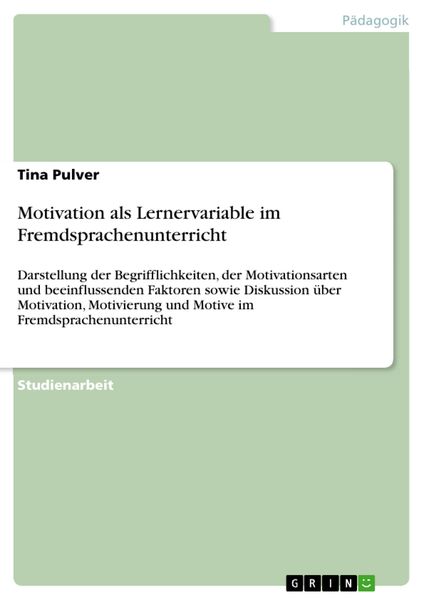 Produktbild: Motivation als Lernervariable im Fremdsprachenunterricht