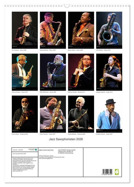 Produktbild: Jazz Saxophonisten 2026 (Wandkalender 2026 DIN A2 hoch), CALVENDO Monatskalender
