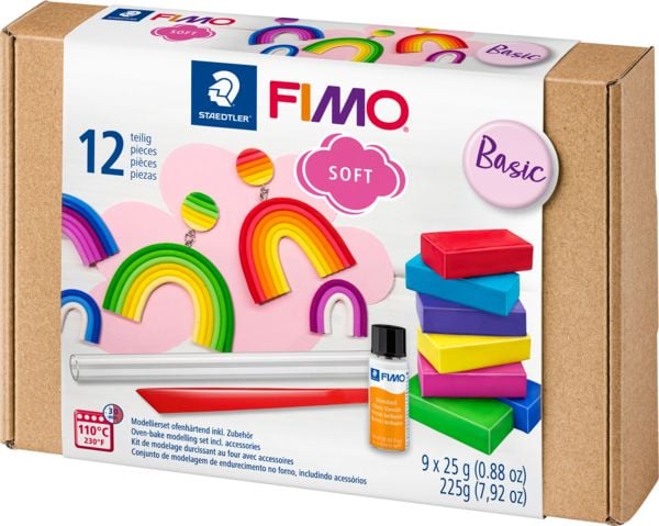 Produktbild: STAEDTLER FIMO soft 8023, ofenh&auml;rtende Modelliermasse Basic Set, 9 Halbbl&ouml;cken 25 g, Glanzlack + Modellierwerkzeug