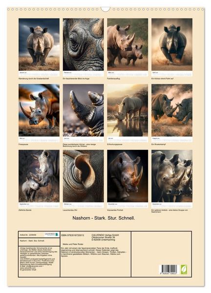 Produktbild: Nashorn - Stark. Stur. Schnell. (Wandkalender 2026 DIN A2 hoch), CALVENDO Monatskalender