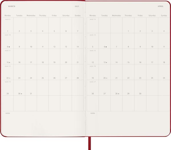 Produktbild: Moleskine 12 Monate Wochen Notizkalender 2027, Large/A5, 1 Wo = 1 Seite, rechts linierte Seite, Fester Einband, Scharlachrot