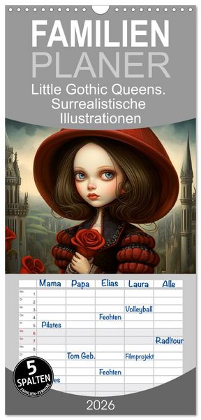 Produktbild: Familienplaner 2026 - Little Gothic Queens. Surrealistische Illustrationen mit 5 Spalten (Wandkalender, 21 x 45 cm) CALVENDO