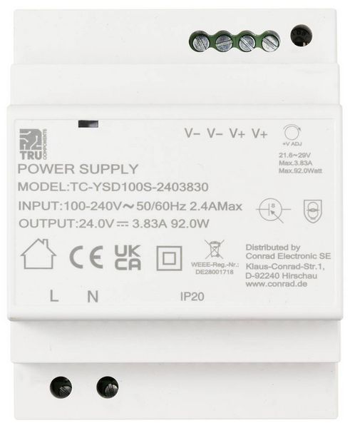 Produktbild: TRU COMPONENTS TC-13710888 Hutschienen-Netzteil (DIN-Rail) Verbrauch (StandBy) 0.3 W 24 V/DC 3.83 A 92 W Anzahl Ausg&auml;nge:1 x Inhalt 1 St.