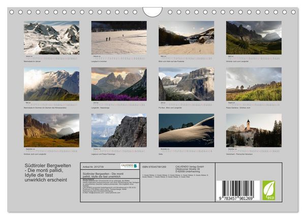 Produktbild: S&uuml;dtiroler Bergwelten - Die monti pallidi, Idylle die fast unwirklich erscheint (Wandkalender 2026 DIN A4 quer), CALVENDO Monatskalender