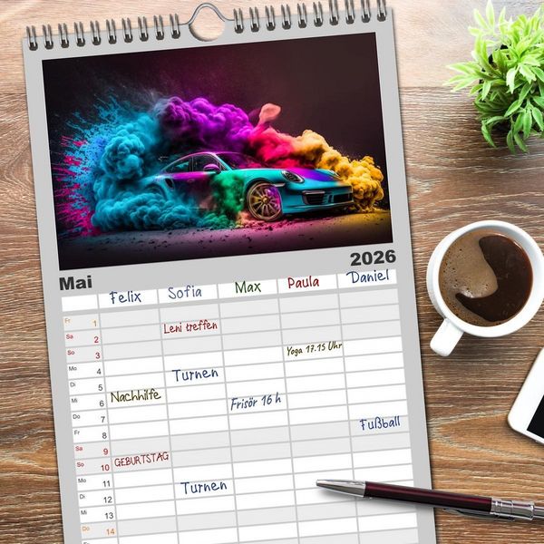 Produktbild: Familienplaner 2026 - Supercars im Farbenrausch mit 5 Spalten (Wandkalender, 21 x 45 cm) CALVENDO