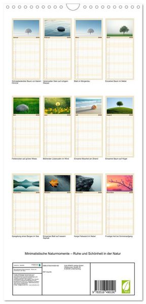Produktbild: Familienplaner 2026 - Minimalistische Naturmomente &ndash; Ruhe und Sch&ouml;nheit in der Natur mit 5 Spalten (Wandkalender, 21 x 45 cm) CALVENDO