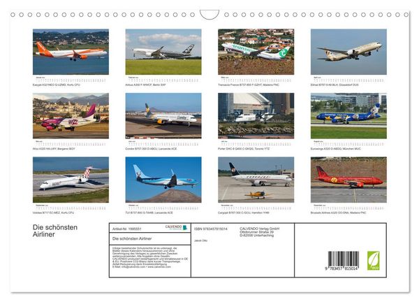 Produktbild: Die sch&ouml;nsten Airliner (Wandkalender 2026 DIN A3 quer), CALVENDO Monatskalender