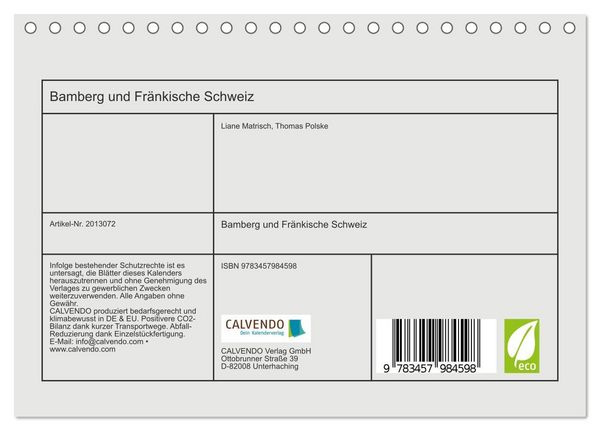 Produktbild: Bamberg und Fr&auml;nkische Schweiz (Tischkalender 2026 DIN A5 quer), CALVENDO Monatskalender