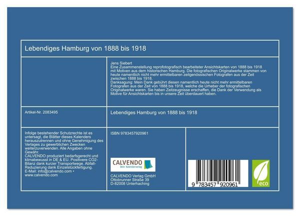 Produktbild: Lebendiges Hamburg von 1888 bis 1918 (Tischkalender 2026 DIN A5 quer), CALVENDO Monatskalender