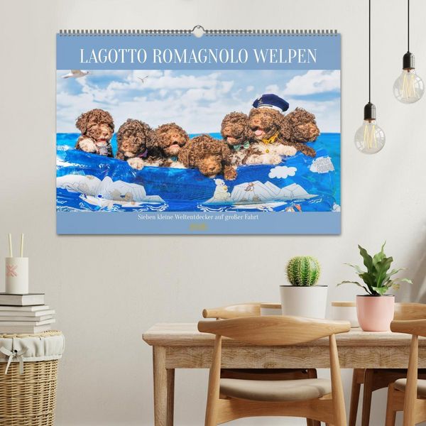 Produktbild: Lagotto Romagnolo Welpen - Sieben kleine Weltentdecker auf gro&szlig;er Fahrt (Wandkalender 2026 DIN A2 quer), CALVENDO Monatskalender