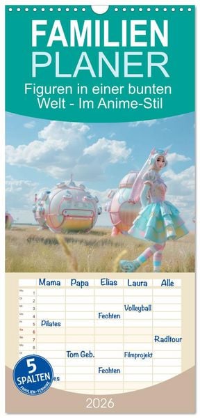 Produktbild: Familienplaner 2026 - Figuren in einer bunten Welt - Im Anime-Stil mit 5 Spalten (Wandkalender, 21 x 45 cm) CALVENDO