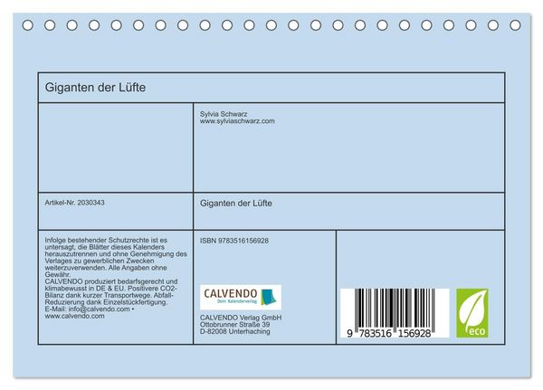 Produktbild: Giganten der L&uuml;fte (Tischkalender 2026 DIN A5 quer), CALVENDO Monatskalender