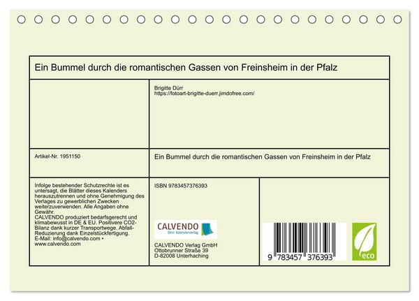 Produktbild: Ein Bummel durch die romantischen Gassen von Freinsheim in der Pfalz (Tischkalender 2026 DIN A5 quer), CALVENDO Monatskalender