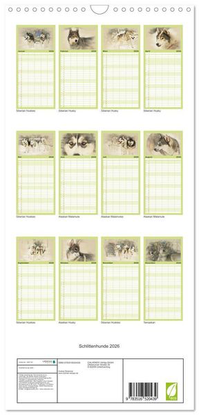 Produktbild: Familienplaner 2026 - Schlittenhunde 2026 mit 5 Spalten (Wandkalender, 21 x 45 cm) CALVENDO