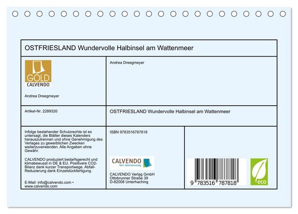 Produktbild: OSTFRIESLAND Wundervolle Halbinsel am Wattenmeer (Tischkalender 2027 DIN A5 quer), CALVENDO Monatskalender