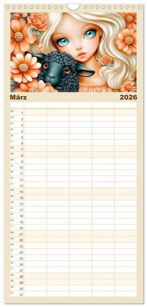 Produktbild: Familienplaner 2026 - Vertr&auml;umte M&auml;dchen. Tiere, Blumen, Liebe. mit 5 Spalten (Wandkalender, 21 x 45 cm) CALVENDO