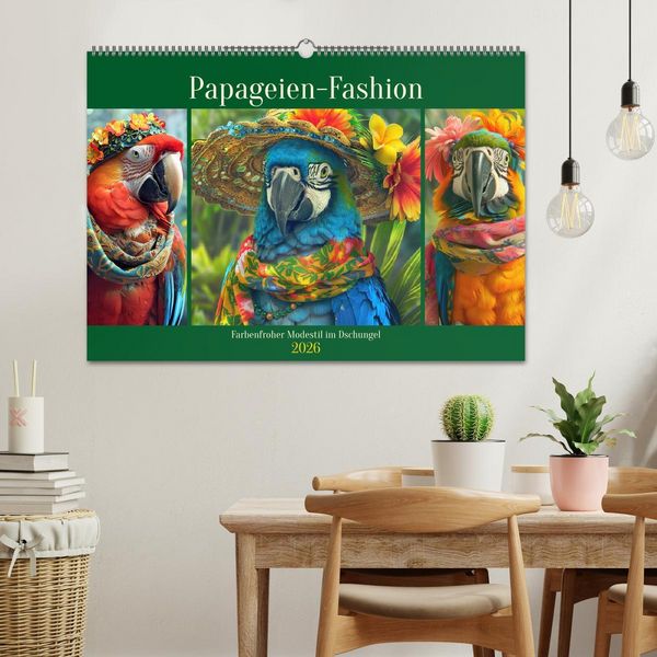 Produktbild: Papageien-Fashion. Farbenfroher Modestil im Dschungel (Wandkalender 2026 DIN A2 quer), CALVENDO Monatskalender