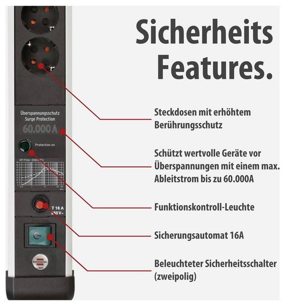 Produktbild: Brennenstuhl 1391010620 &Uuml;berspannungsschutz-Steckdosenleiste Silber, Schwarz Schutzkontakt 1 St.
