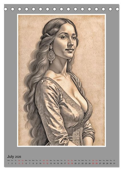 Produktbild: Baroque Beauties, Pencil Art with Artificial Intelligence (Desk Calendar 2026 DIN A5 portrait), CALVENDO 12 Month DeskCalendar