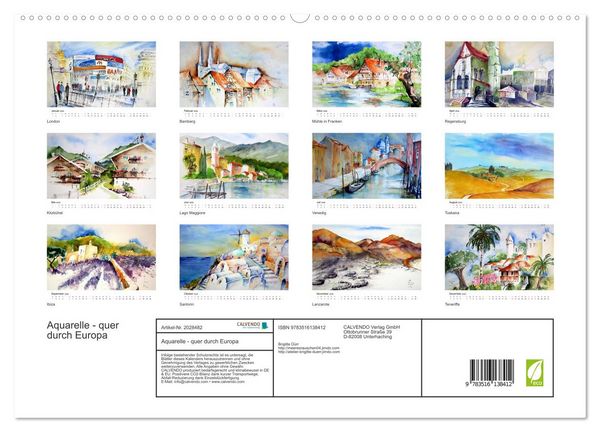 Produktbild: Aquarelle - quer durch Europa (hochwertiger Premium Wandkalender 2026 DIN A2 quer), Kunstdruck in Hochglanz